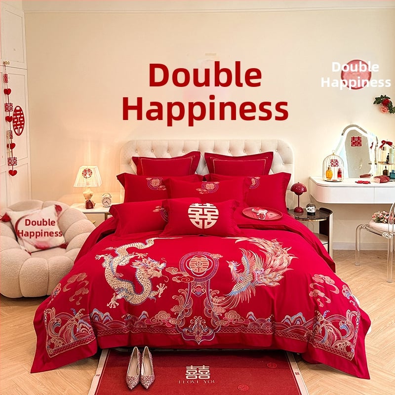 Keturių dalių vestuvinis patalynės komplektas iš plauto medvilnės, siuvinėjimas, reaktyvinis dažymas, vienodų spalvų raštas