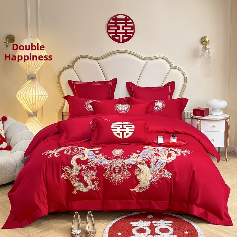 Keturių dalių vestuvinis patalynės komplektas iš plauto medvilnės, siuvinėjimas, reaktyvinis dažymas, vienodų spalvų raštas