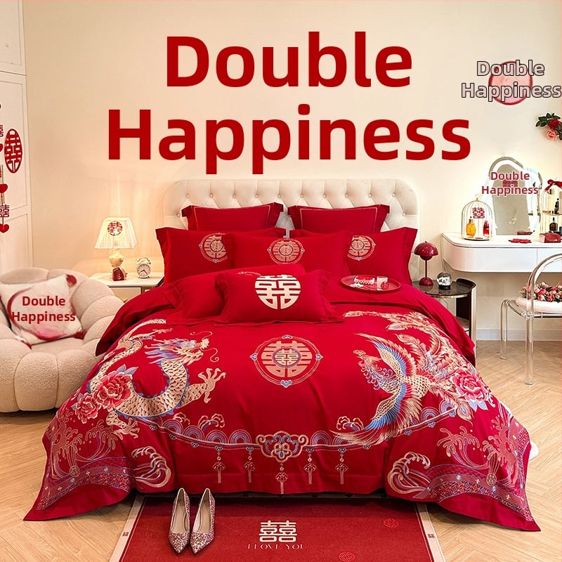 Keturių dalių vestuvinis patalynės komplektas iš plauto medvilnės, siuvinėjimas, reaktyvinis dažymas, vienodų spalvų raštas