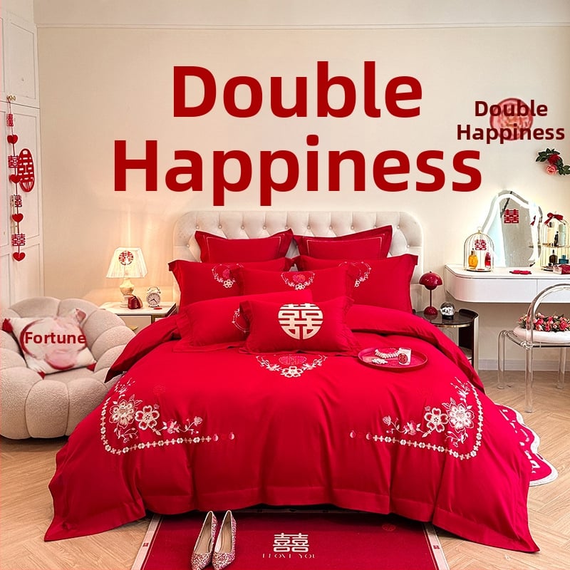 Keturių dalių vestuvinis patalynės komplektas iš plauto medvilnės, siuvinėjimas, reaktyvinis dažymas, vienodų spalvų raštas