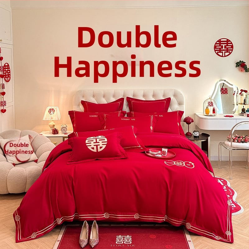 Keturių dalių vestuvinis patalynės komplektas iš plauto medvilnės, siuvinėjimas, reaktyvinis dažymas, vienodų spalvų raštas