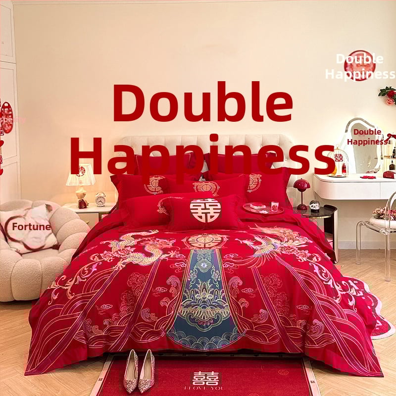 Keturių dalių vestuvinis patalynės komplektas iš plauto medvilnės, siuvinėjimas, reaktyvinis dažymas, vienodų spalvų raštas