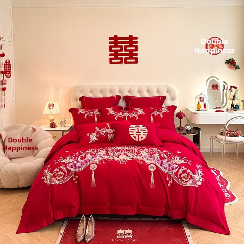 Keturių dalių vestuvinis patalynės komplektas iš plauto medvilnės, siuvinėjimas, reaktyvinis dažymas, vienodų spalvų raštas