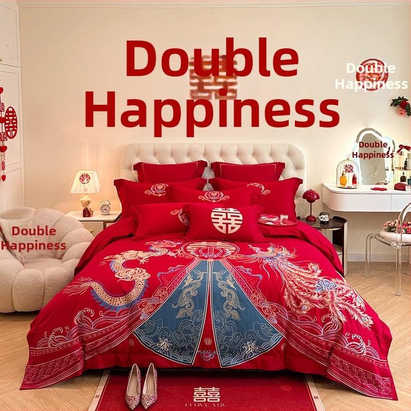 Keturių dalių vestuvinis patalynės komplektas iš plauto medvilnės, siuvinėjimas, reaktyvinis dažymas, vienodų spalvų raštas