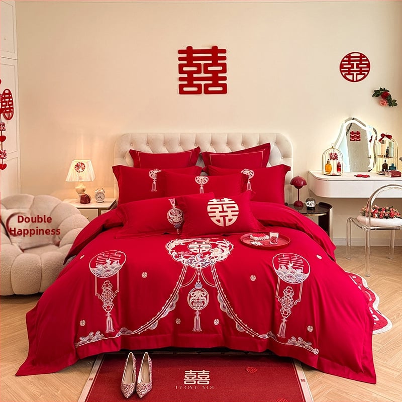 Keturių dalių vestuvinis patalynės komplektas iš plauto medvilnės, siuvinėjimas, reaktyvinis dažymas, vienodų spalvų raštas