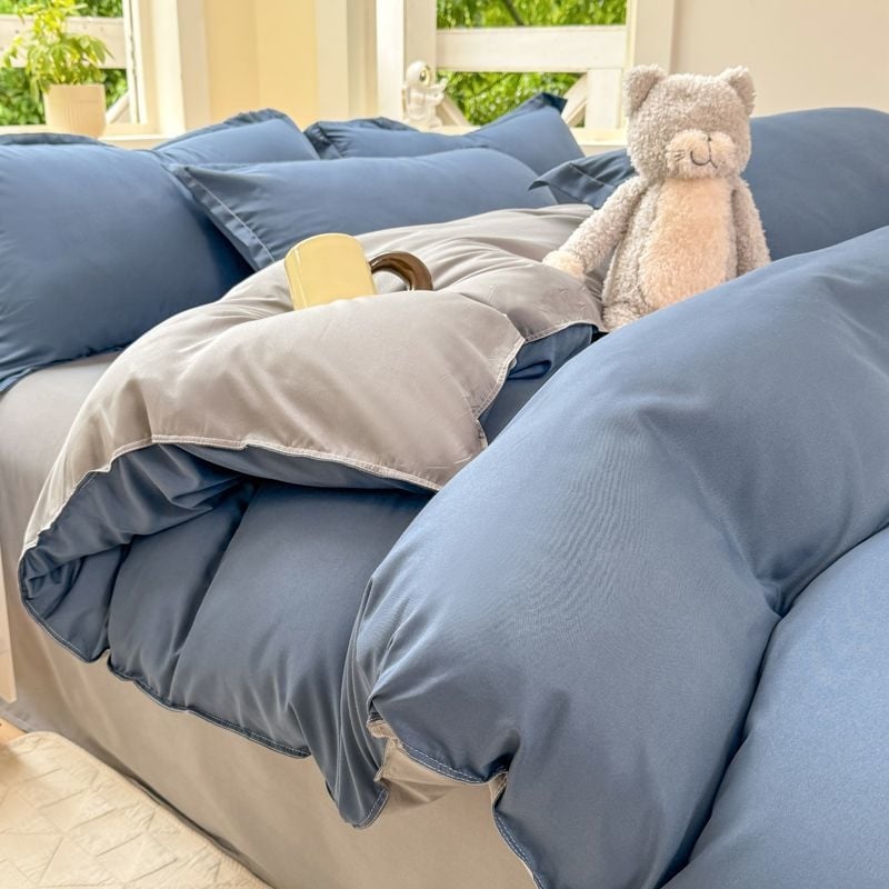 Dygsniuotos patalynės komplektas su antklodės užvalkalu ir paklode, paprastas stilius, reaktyvus dažymas, 100% medvilnė, studentų bendrabutyje