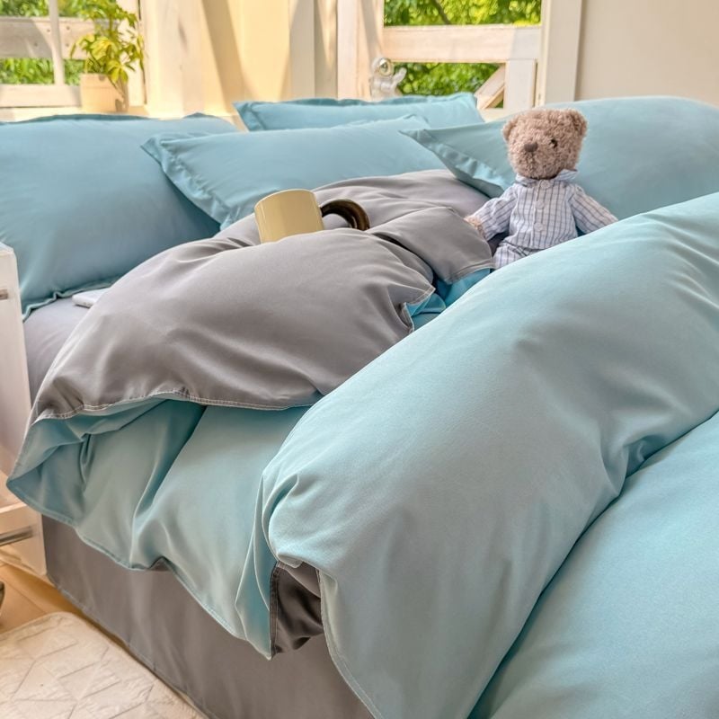 Dygsniuotos patalynės komplektas su antklodės užvalkalu ir paklode, paprastas stilius, reaktyvus dažymas, 100% medvilnė, studentų bendrabutyje