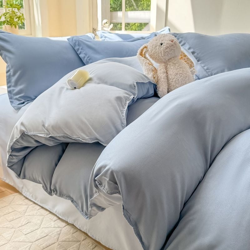 Dygsniuotos patalynės komplektas su antklodės užvalkalu ir paklode, paprastas stilius, reaktyvus dažymas, 100% medvilnė, studentų bendrabutyje