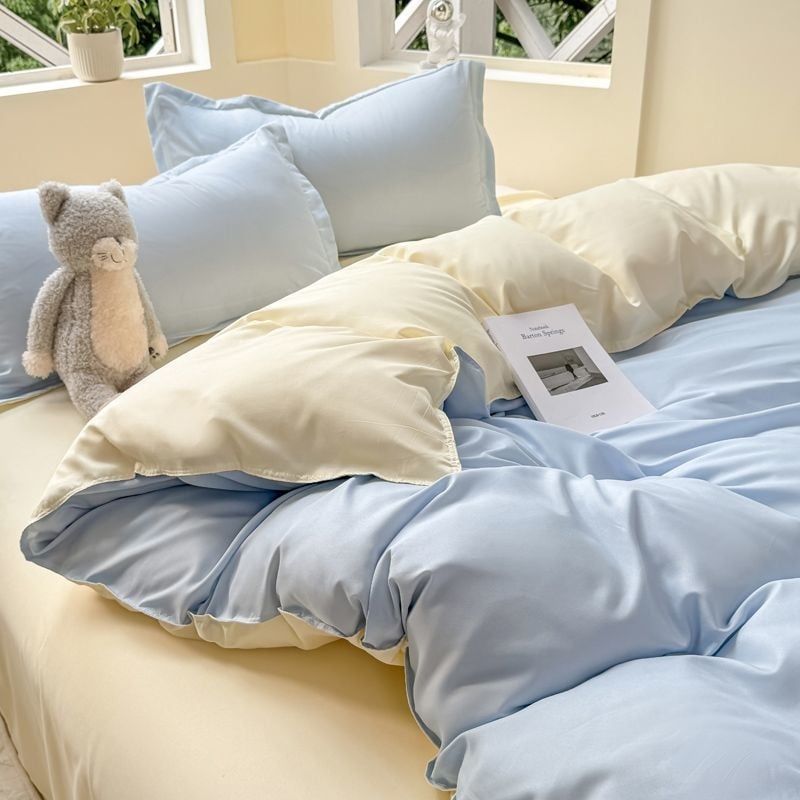 Dygsniuotos patalynės komplektas su antklodės užvalkalu ir paklode, paprastas stilius, reaktyvus dažymas, 100% medvilnė, studentų bendrabutyje