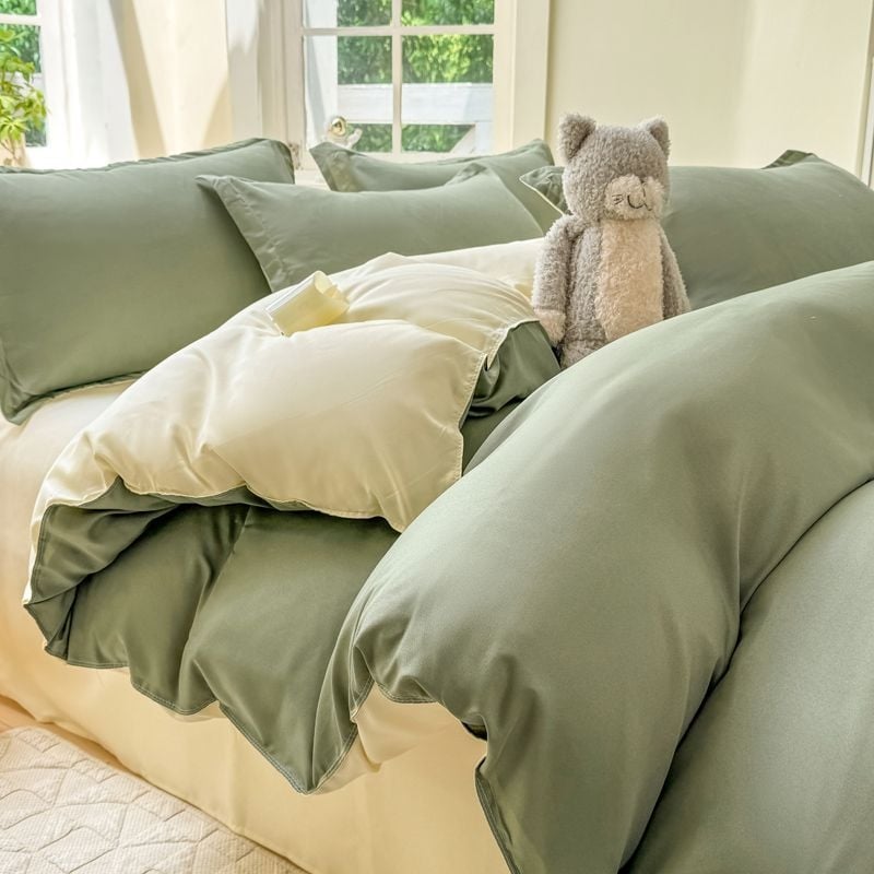 Dygsniuotos patalynės komplektas su antklodės užvalkalu ir paklode, paprastas stilius, reaktyvus dažymas, 100% medvilnė, studentų bendrabutyje