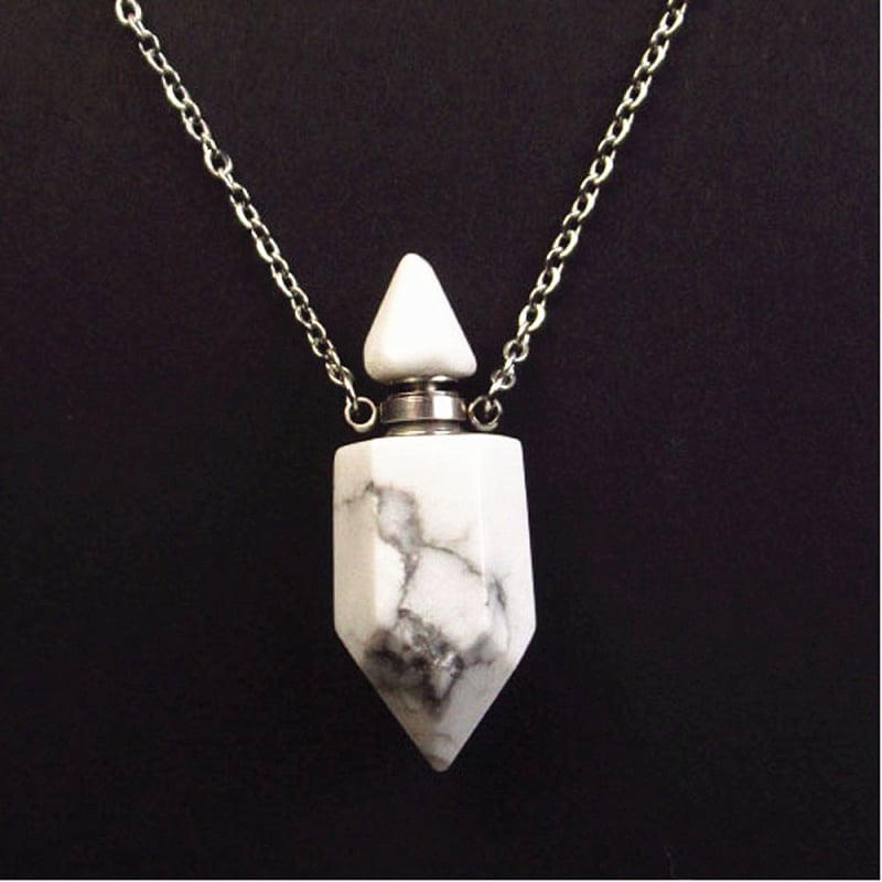 Geometrinis kristalų pakabukas su kvapo buteliuku – rankų darbo, ametistas, baltas krištolas, citrinas