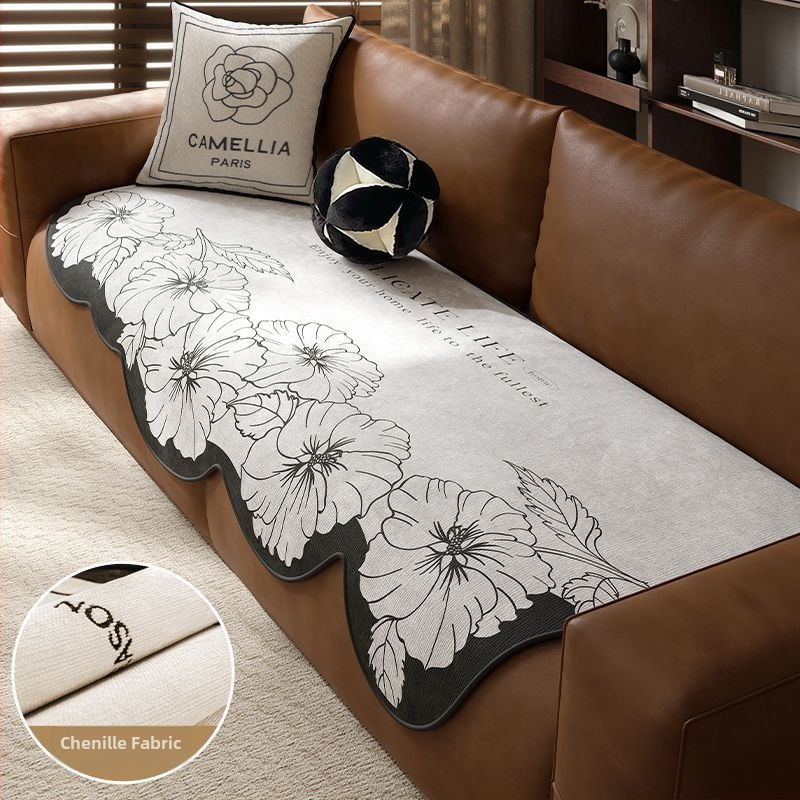 Sofos nugaros uždangalas, netaisyklingos formos, universalus slydimo uždangalas visoms sezonoms, chenille audinys, etninio stiliaus nėrinių raštas