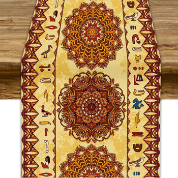Table Runner από 100% λινό με γεωμετρική αφαίρεση και πολύχρωμα αιγυπτιακά εικονογράμματα για διακόσμηση εστιατορίων — Μάρκα Perm, προσαρμόσιμο