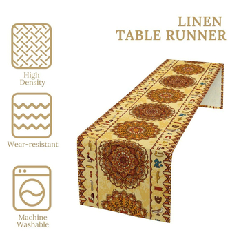 Table Runner από 100% λινό με γεωμετρική αφαίρεση και πολύχρωμα αιγυπτιακά εικονογράμματα για διακόσμηση εστιατορίων — Μάρκα Perm, προσαρμόσιμο