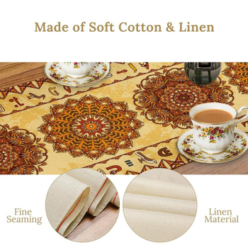 Table Runner από 100% λινό με γεωμετρική αφαίρεση και πολύχρωμα αιγυπτιακά εικονογράμματα για διακόσμηση εστιατορίων — Μάρκα Perm, προσαρμόσιμο