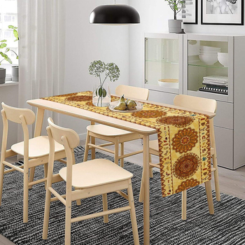 Table Runner από 100% λινό με γεωμετρική αφαίρεση και πολύχρωμα αιγυπτιακά εικονογράμματα για διακόσμηση εστιατορίων — Μάρκα Perm, προσαρμόσιμο