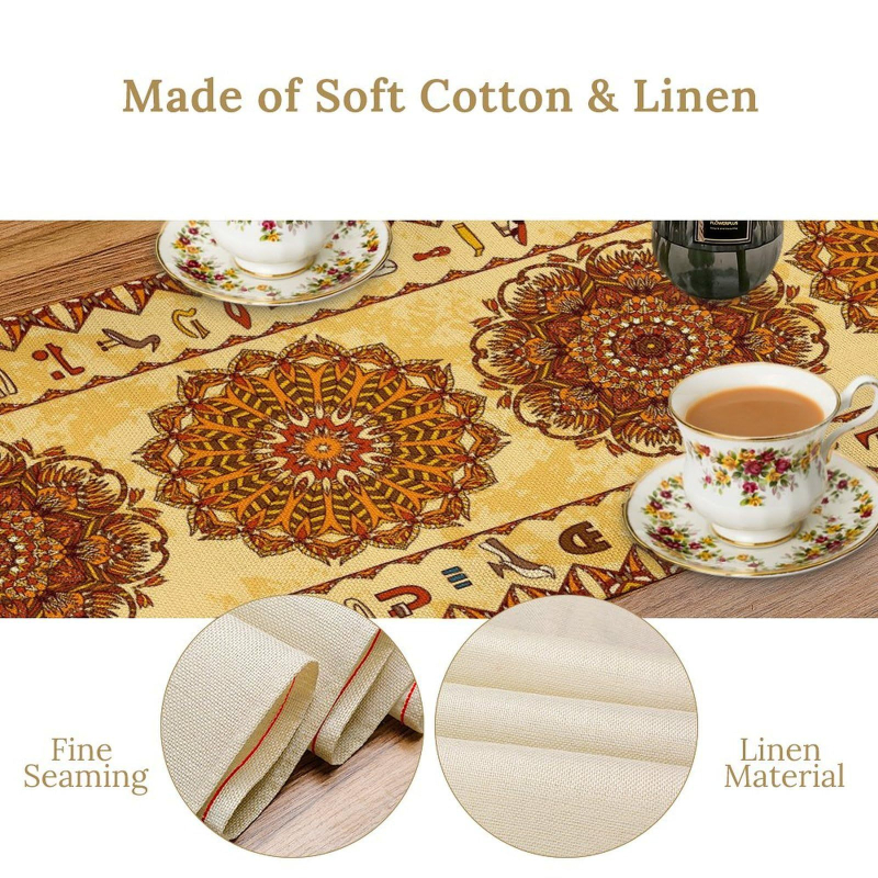 Table Runner από 100% λινό με γεωμετρική αφαίρεση και πολύχρωμα αιγυπτιακά εικονογράμματα για διακόσμηση εστιατορίων — Μάρκα Perm, προσαρμόσιμο