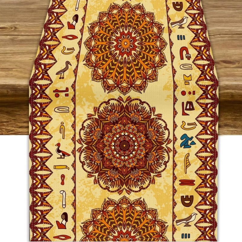 Table Runner από 100% λινό με γεωμετρική αφαίρεση και πολύχρωμα αιγυπτιακά εικονογράμματα για διακόσμηση εστιατορίων — Μάρκα Perm, προσαρμόσιμο