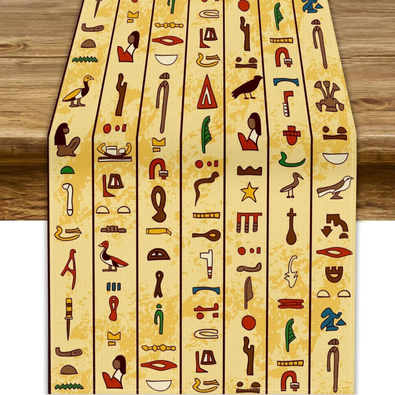 Table Runner από 100% λινό με γεωμετρική αφαίρεση και πολύχρωμα αιγυπτιακά εικονογράμματα για διακόσμηση εστιατορίων — Μάρκα Perm, προσαρμόσιμο