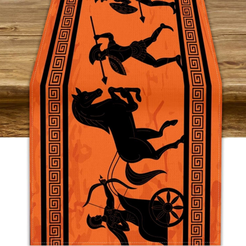 Table Runner από 100% λινό με γεωμετρική αφαίρεση και πολύχρωμα αιγυπτιακά εικονογράμματα για διακόσμηση εστιατορίων — Μάρκα Perm, προσαρμόσιμο