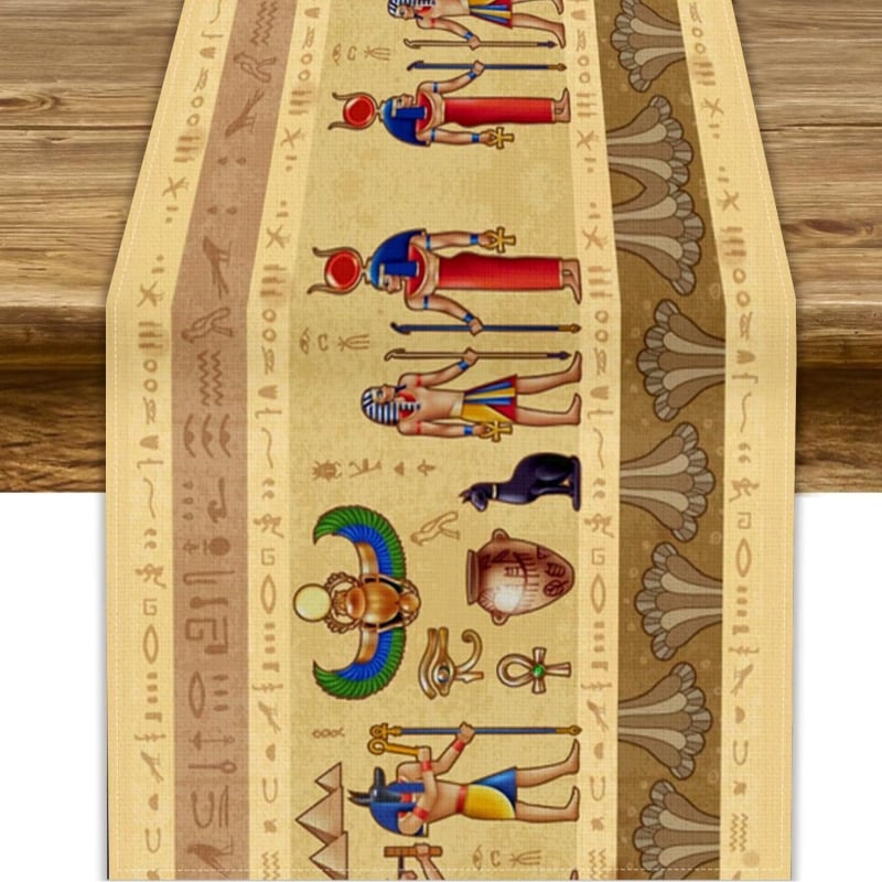 Table Runner από 100% λινό με γεωμετρική αφαίρεση και πολύχρωμα αιγυπτιακά εικονογράμματα για διακόσμηση εστιατορίων — Μάρκα Perm, προσαρμόσιμο