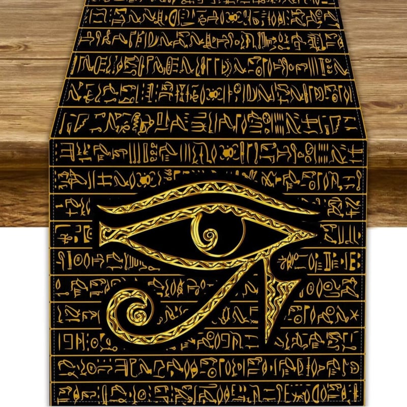 Table Runner από 100% λινό με γεωμετρική αφαίρεση και πολύχρωμα αιγυπτιακά εικονογράμματα για διακόσμηση εστιατορίων — Μάρκα Perm, προσαρμόσιμο