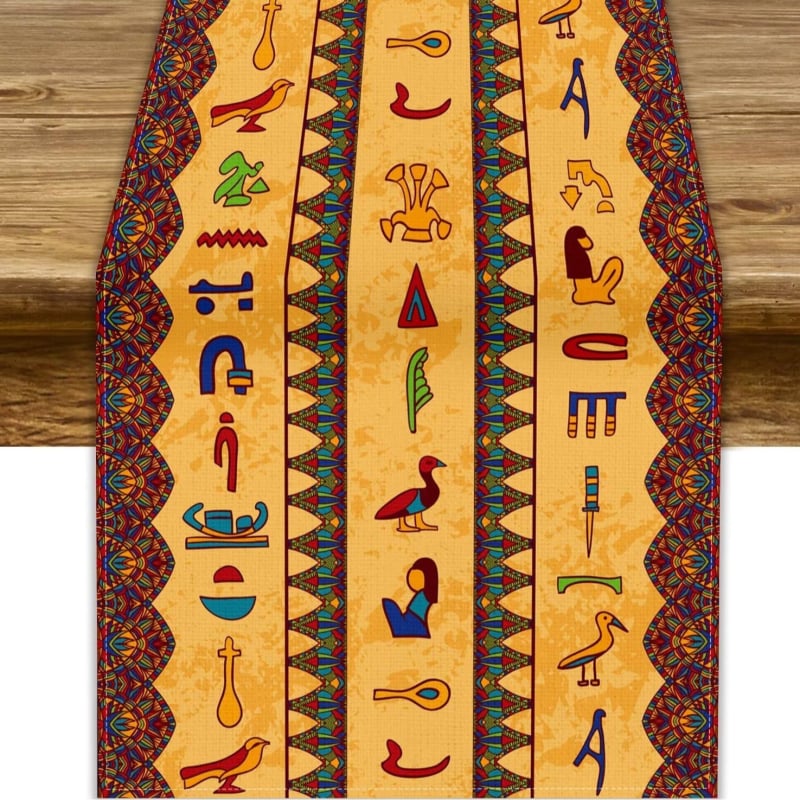Table Runner από 100% λινό με γεωμετρική αφαίρεση και πολύχρωμα αιγυπτιακά εικονογράμματα για διακόσμηση εστιατορίων — Μάρκα Perm, προσαρμόσιμο