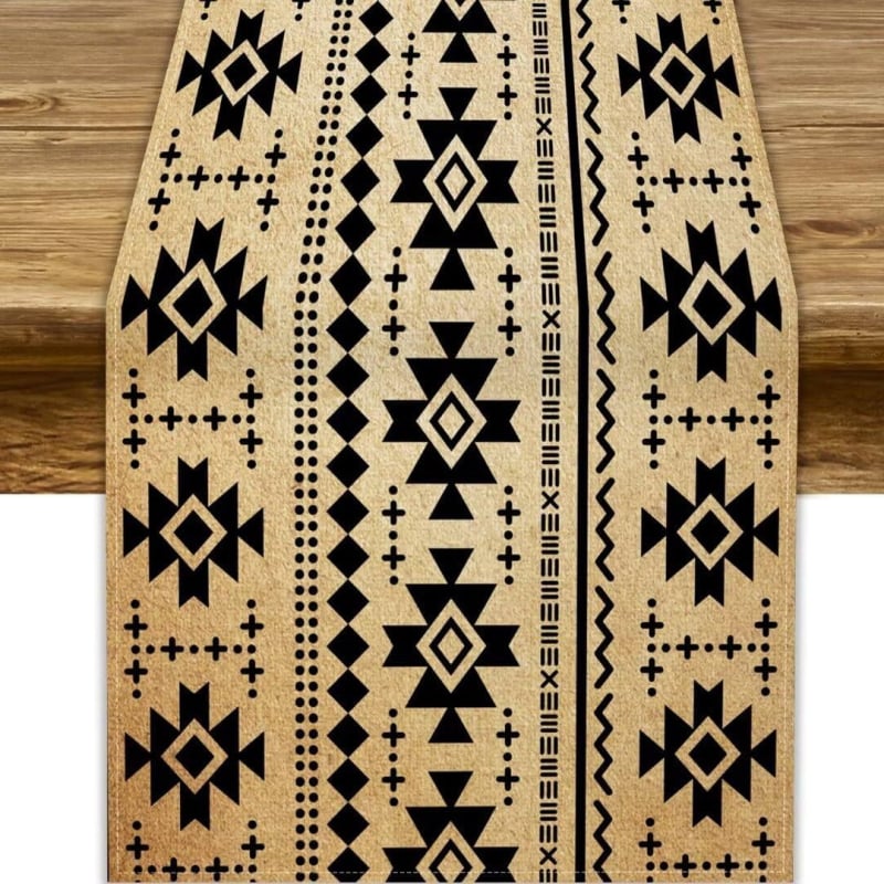 Table Runner από 100% λινό με γεωμετρική αφαίρεση και πολύχρωμα αιγυπτιακά εικονογράμματα για διακόσμηση εστιατορίων — Μάρκα Perm, προσαρμόσιμο