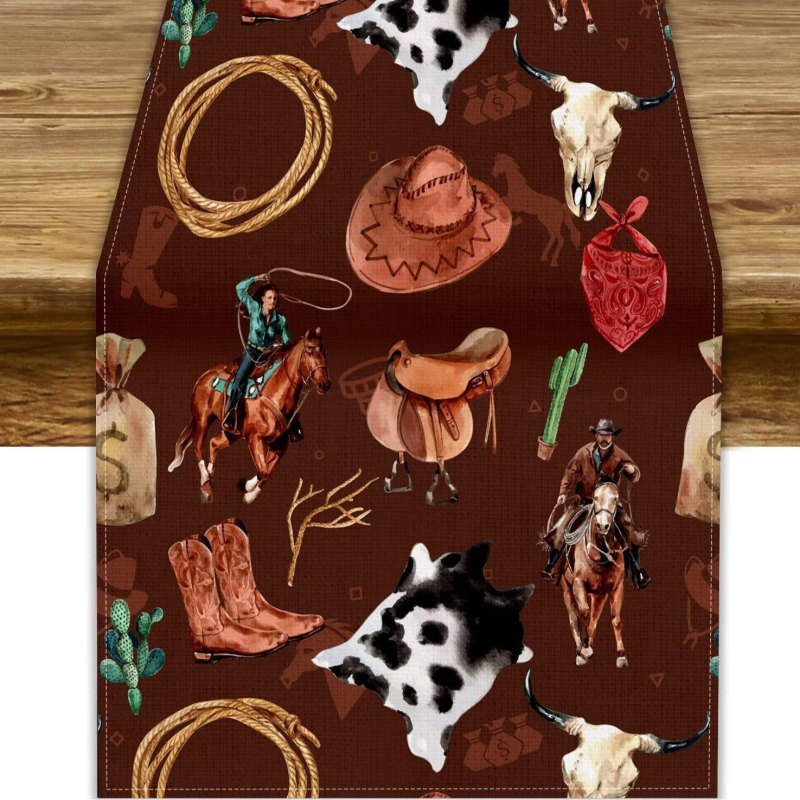 Table Runner από 100% λινό με γεωμετρική αφαίρεση και πολύχρωμα αιγυπτιακά εικονογράμματα για διακόσμηση εστιατορίων — Μάρκα Perm, προσαρμόσιμο