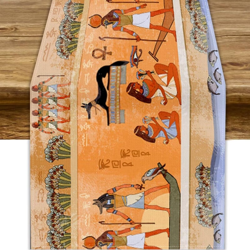 Table Runner από 100% λινό με γεωμετρική αφαίρεση και πολύχρωμα αιγυπτιακά εικονογράμματα για διακόσμηση εστιατορίων — Μάρκα Perm, προσαρμόσιμο