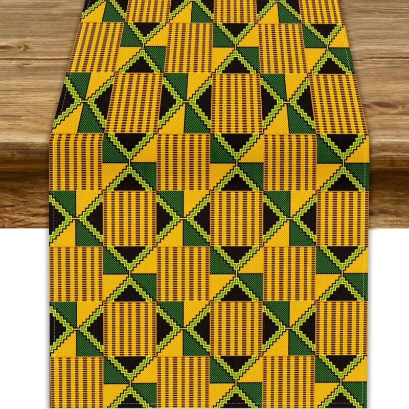 Table Runner από 100% λινό με γεωμετρική αφαίρεση και πολύχρωμα αιγυπτιακά εικονογράμματα για διακόσμηση εστιατορίων — Μάρκα Perm, προσαρμόσιμο