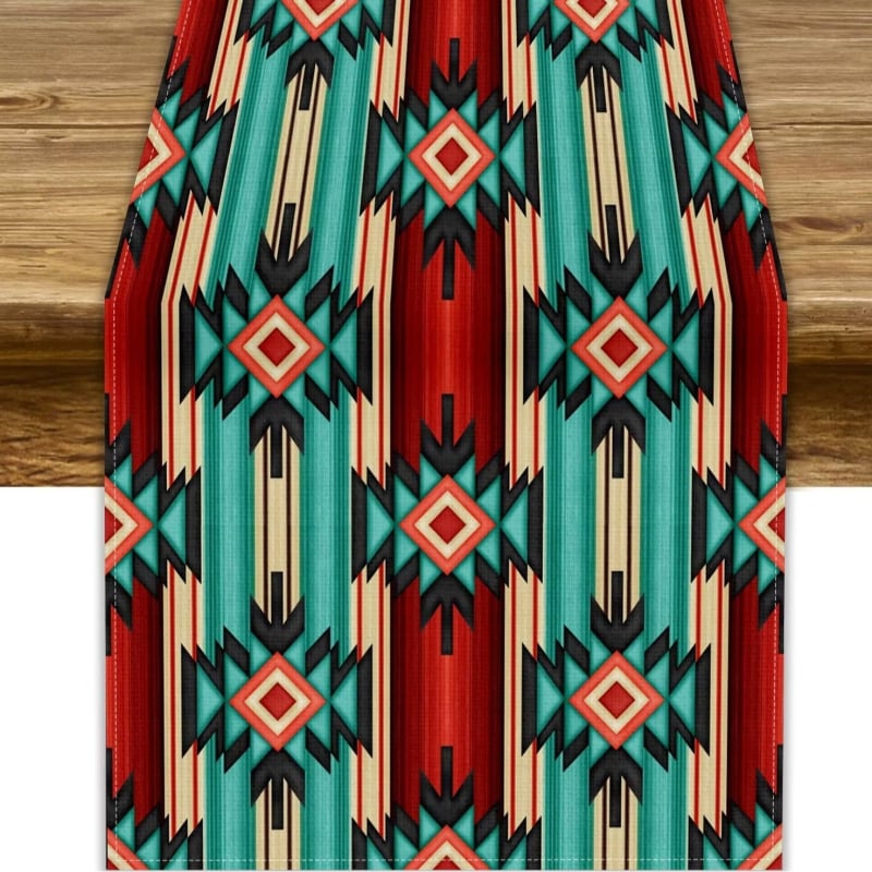 Table Runner από 100% λινό με γεωμετρική αφαίρεση και πολύχρωμα αιγυπτιακά εικονογράμματα για διακόσμηση εστιατορίων — Μάρκα Perm, προσαρμόσιμο