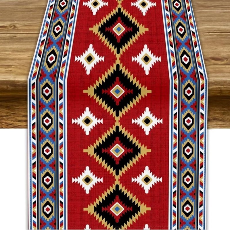 Table Runner από 100% λινό με γεωμετρική αφαίρεση και πολύχρωμα αιγυπτιακά εικονογράμματα για διακόσμηση εστιατορίων — Μάρκα Perm, προσαρμόσιμο