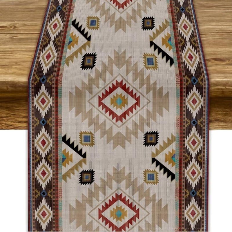 Table Runner από 100% λινό με γεωμετρική αφαίρεση και πολύχρωμα αιγυπτιακά εικονογράμματα για διακόσμηση εστιατορίων — Μάρκα Perm, προσαρμόσιμο