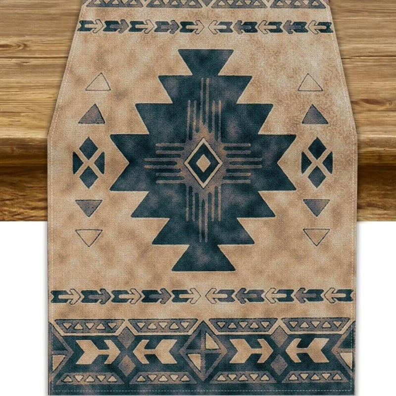 Table Runner από 100% λινό με γεωμετρική αφαίρεση και πολύχρωμα αιγυπτιακά εικονογράμματα για διακόσμηση εστιατορίων — Μάρκα Perm, προσαρμόσιμο