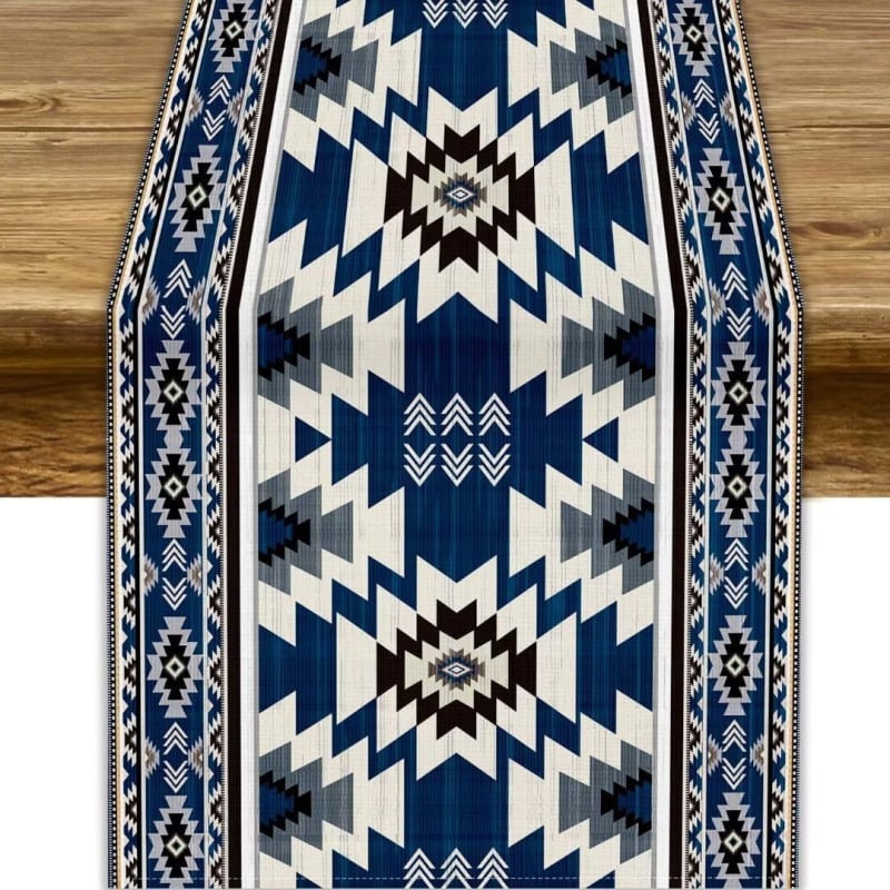 Table Runner από 100% λινό με γεωμετρική αφαίρεση και πολύχρωμα αιγυπτιακά εικονογράμματα για διακόσμηση εστιατορίων — Μάρκα Perm, προσαρμόσιμο