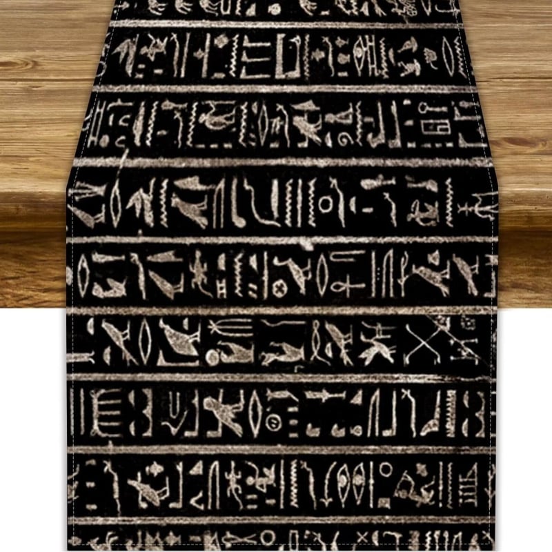 Table Runner από 100% λινό με γεωμετρική αφαίρεση και πολύχρωμα αιγυπτιακά εικονογράμματα για διακόσμηση εστιατορίων — Μάρκα Perm, προσαρμόσιμο