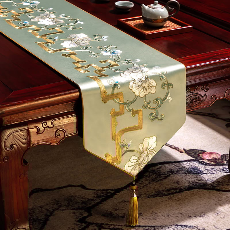 Stalo vėliava iš audinio su augalų ir gėlių raštu, naujame kinų stiliuje