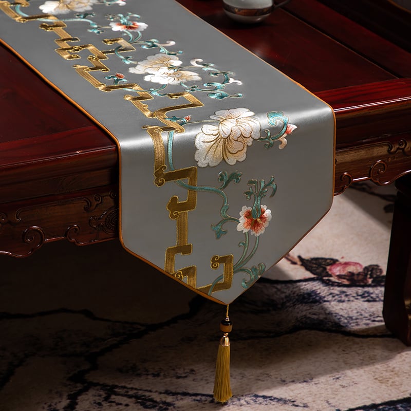 Stalo vėliava iš audinio su augalų ir gėlių raštu, naujame kinų stiliuje