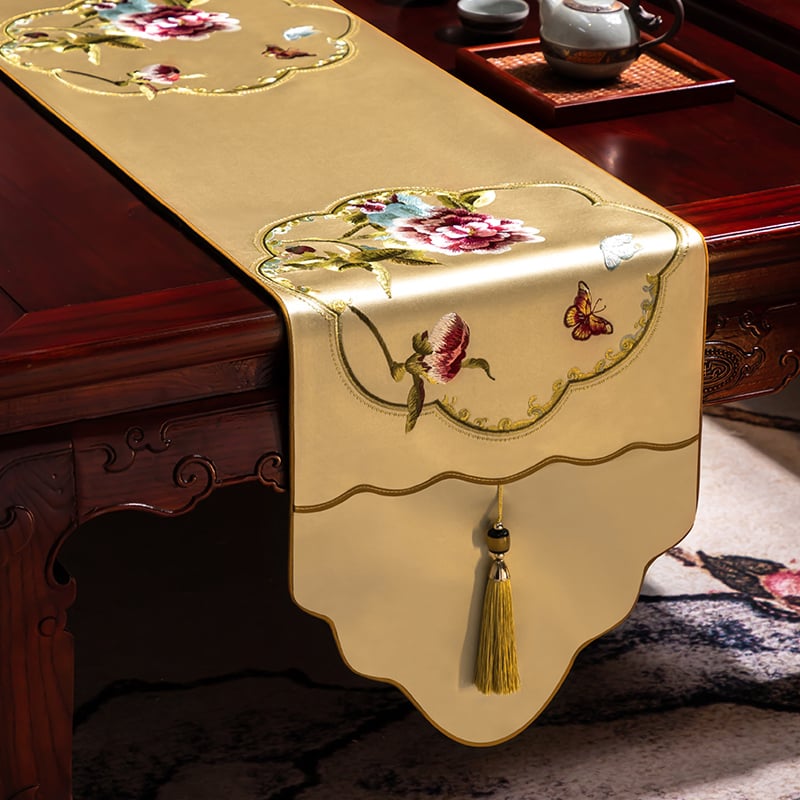 Stalo vėliava iš audinio su augalų ir gėlių raštu, naujame kinų stiliuje