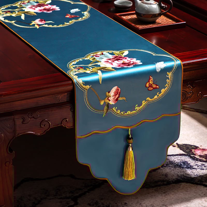 Stalo vėliava iš audinio su augalų ir gėlių raštu, naujame kinų stiliuje