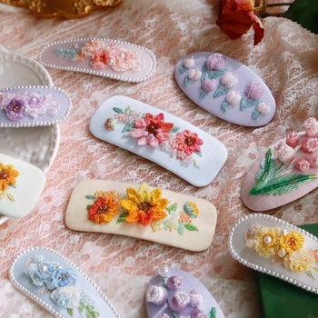 Clamă de păr handmade cu floare din țesătură – Kit DIY de broderie, stil Nordic, poliester, model peisaj