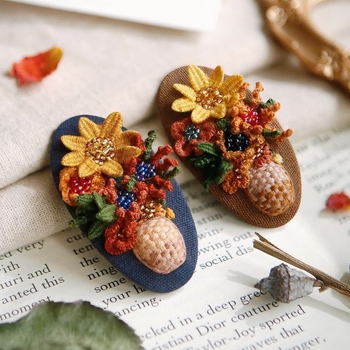 Clamă de păr handmade cu floare din țesătură – Kit DIY de broderie, stil Nordic, poliester, model peisaj