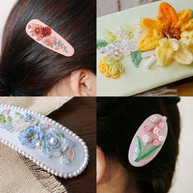 Clamă de păr handmade cu floare din țesătură – Kit DIY de broderie, stil Nordic, poliester, model peisaj