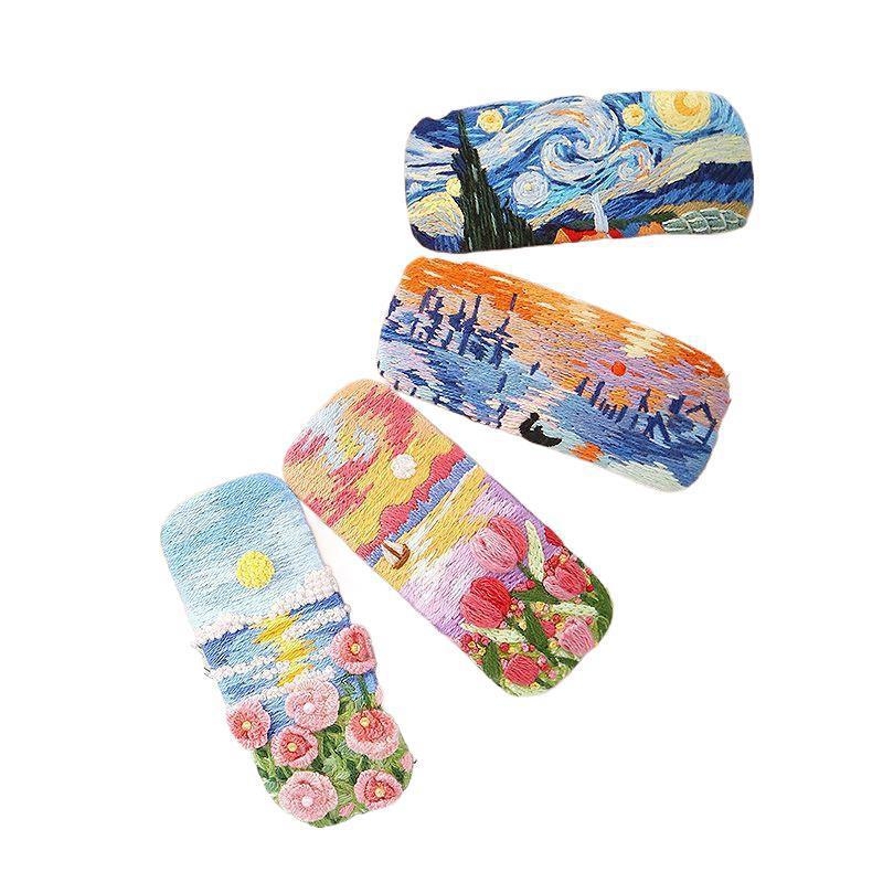 Clamă de păr handmade cu floare din țesătură – Kit DIY de broderie, stil Nordic, poliester, model peisaj