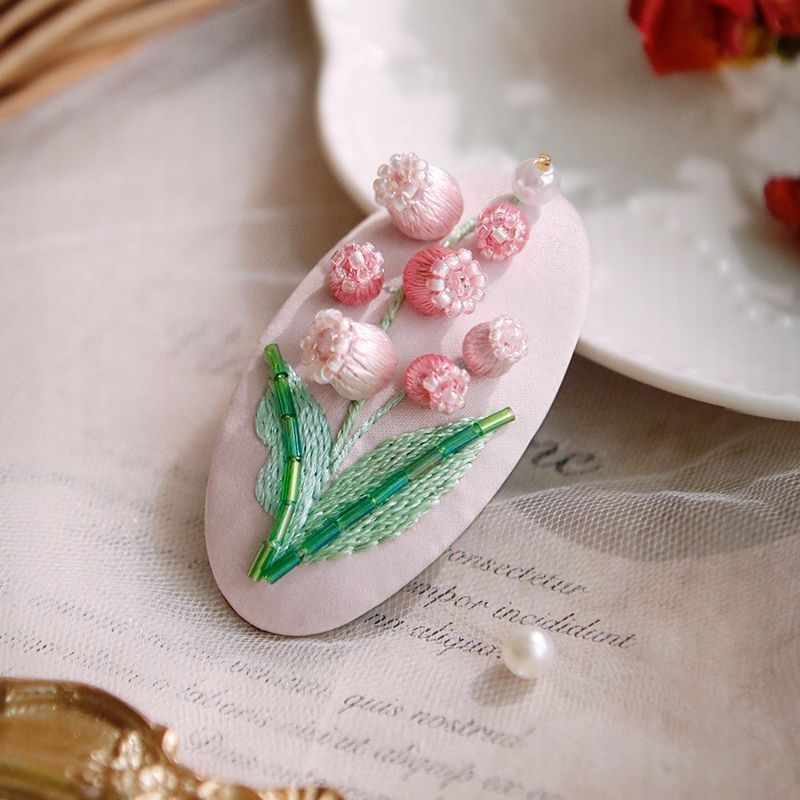 Clamă de păr handmade cu floare din țesătură – Kit DIY de broderie, stil Nordic, poliester, model peisaj