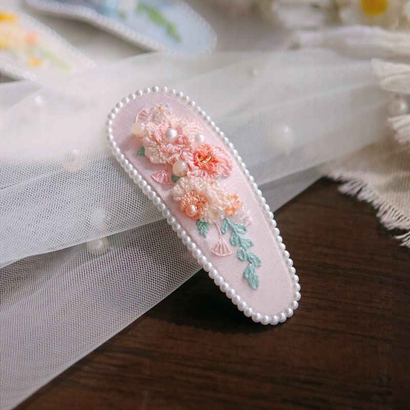 Clamă de păr handmade cu floare din țesătură – Kit DIY de broderie, stil Nordic, poliester, model peisaj