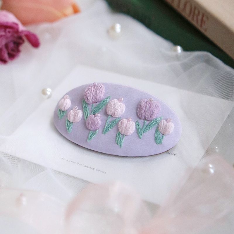 Clamă de păr handmade cu floare din țesătură – Kit DIY de broderie, stil Nordic, poliester, model peisaj