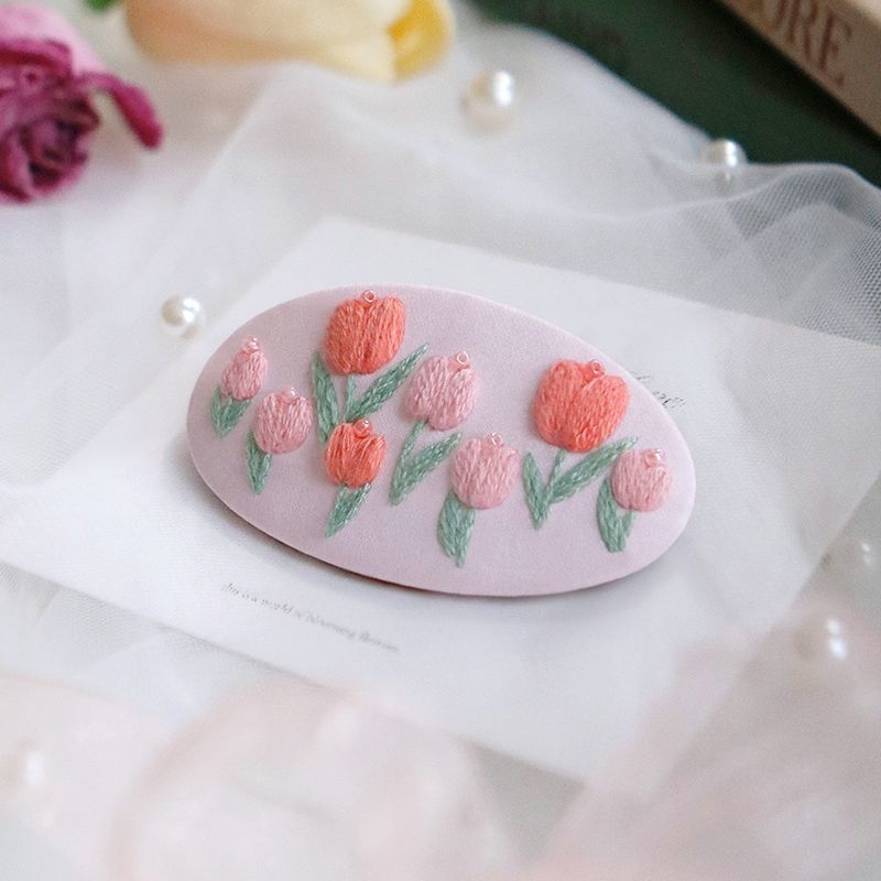 Clamă de păr handmade cu floare din țesătură – Kit DIY de broderie, stil Nordic, poliester, model peisaj