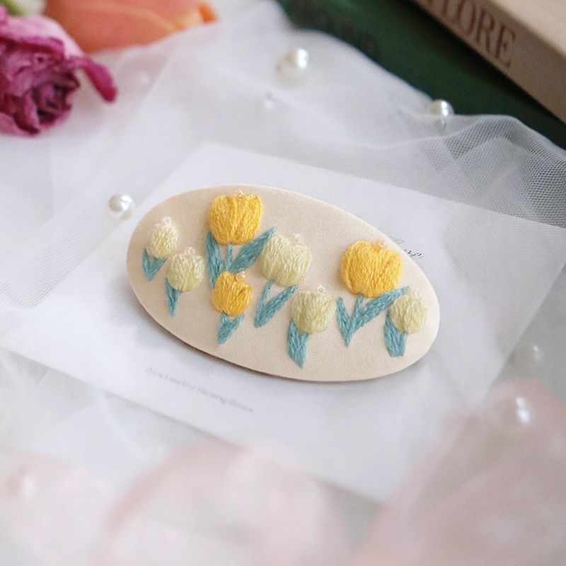 Clamă de păr handmade cu floare din țesătură – Kit DIY de broderie, stil Nordic, poliester, model peisaj